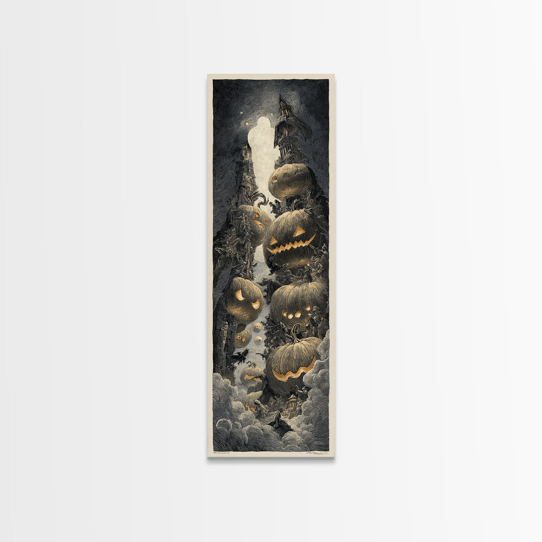 Pumpkins And Moon Phases, Gothic Engraving Art, Tall Narrow Wall Art, Macabre Wall Art, Canvas Print, Halloween Wall Art