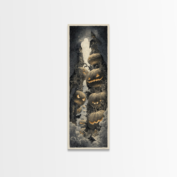Pumpkins And Moon Phases, Gothic Engraving Art, Tall Narrow Wall Art, Macabre Wall Art, Canvas Print, Halloween Wall Art