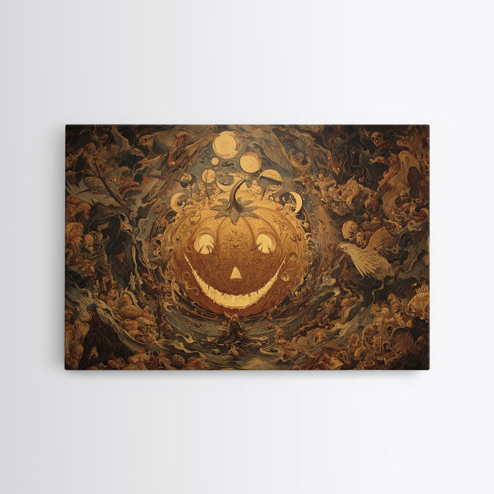 Pumpkins And Moon Phases, Medieval Grotesque Art, Landscape Wall Art, Macabre Wall Art, Framed Canvas Print, Halloween Wall Art