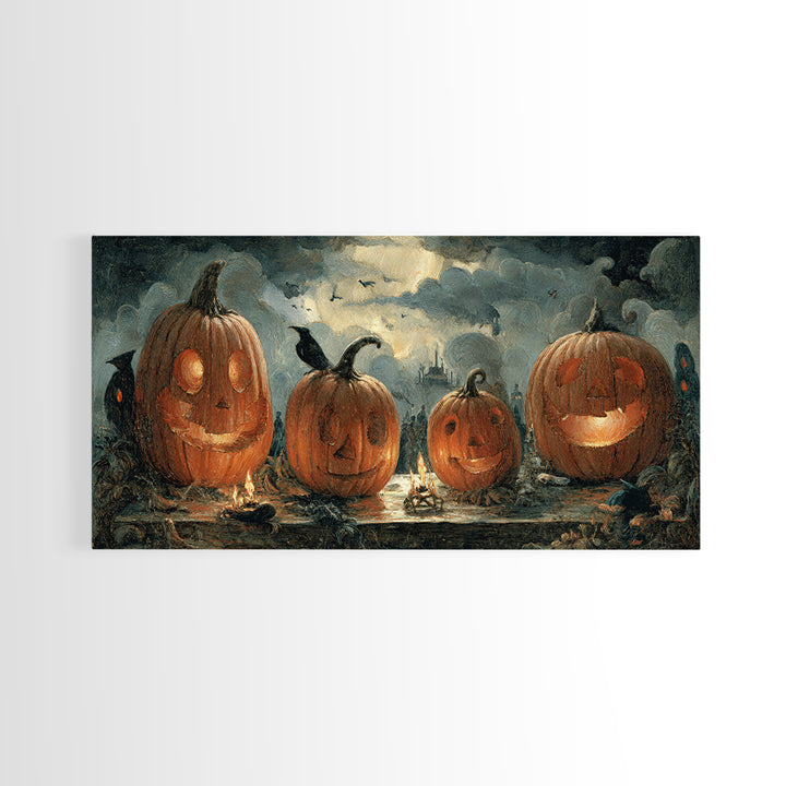 Pumpkins And Moon Phases, Northern Renaissance Horror, Wide Panoramic Art, Dark Halloween Decor, Framed Canvas Print