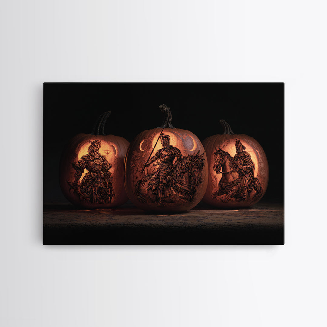 Pumpkins And Moon Phases, Renaissance Engraving Art, Landscape Wall Art, Macabre Wall Art, Framed Canvas Print, Halloween Wall Art