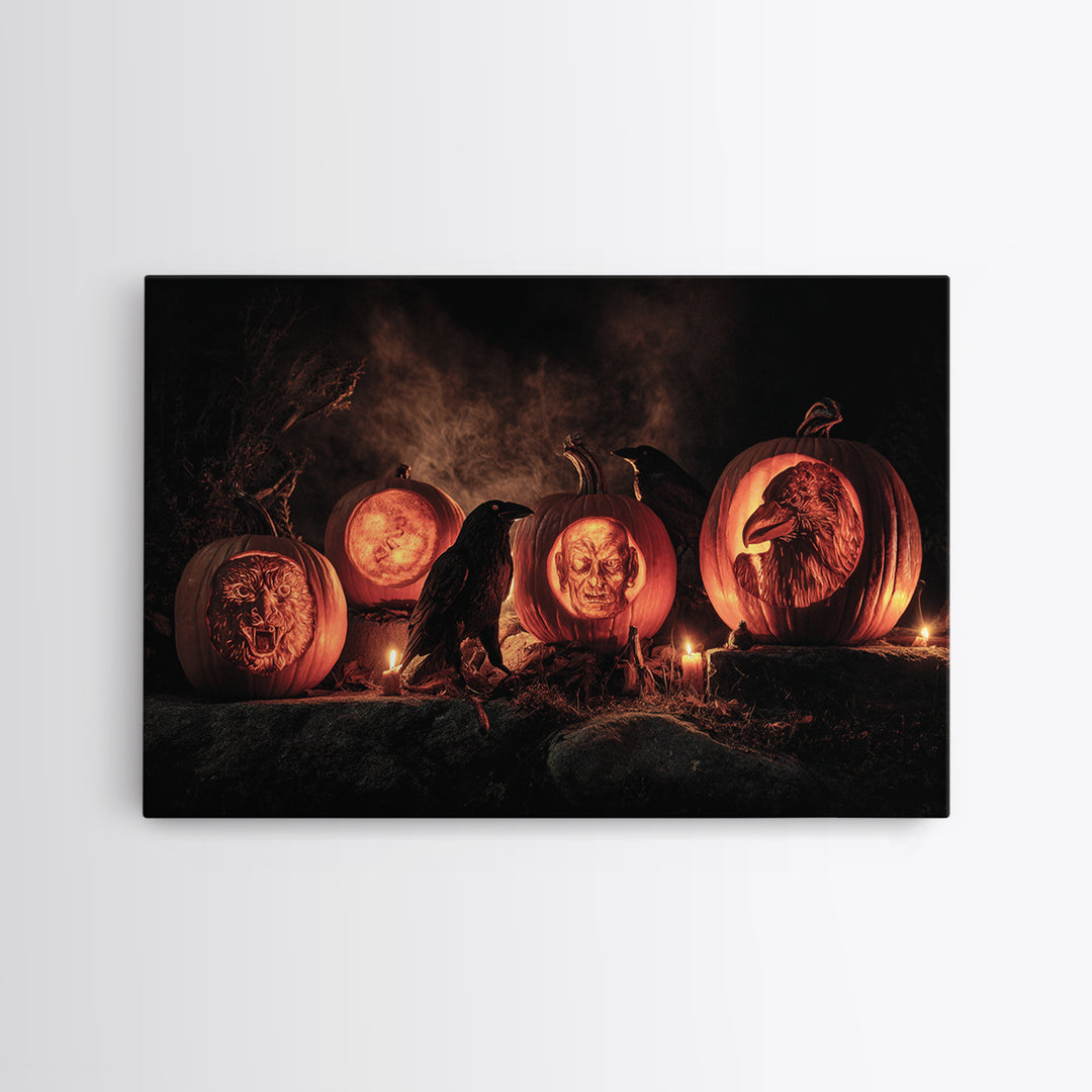 Pumpkins And Moon Phases, Baroque Witchcraft Art, Landscape Wall Art, Dark Fantasy Wall Art, Canvas Print, Halloween Wall Art
