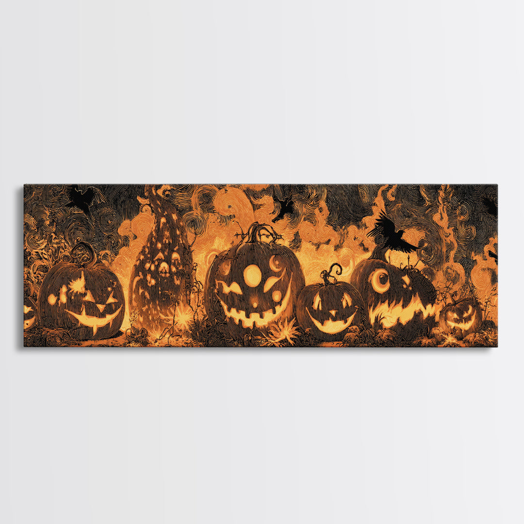 Pumpkins And Moon Phases, Dark Romantic Horror Art, Extra Wide Wall Art, Dark Halloween Decor, Canvas Print, Halloween Wall Art