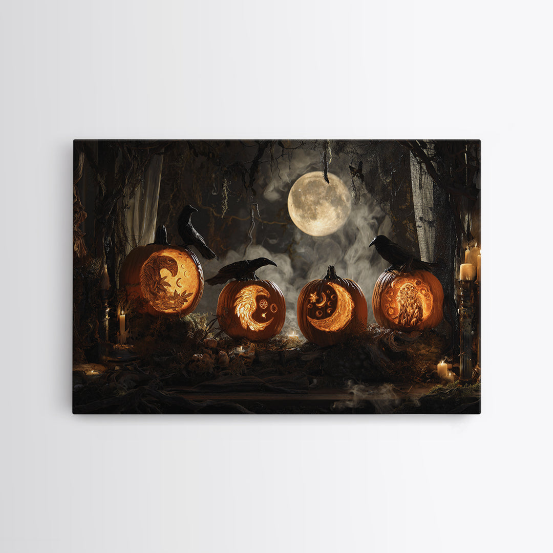 Pumpkins And Moon Phases, Visionary Gothic Art, Landscape Wall Art, Dark Halloween Decor, Framed Canvas Print, Halloween Wall Art