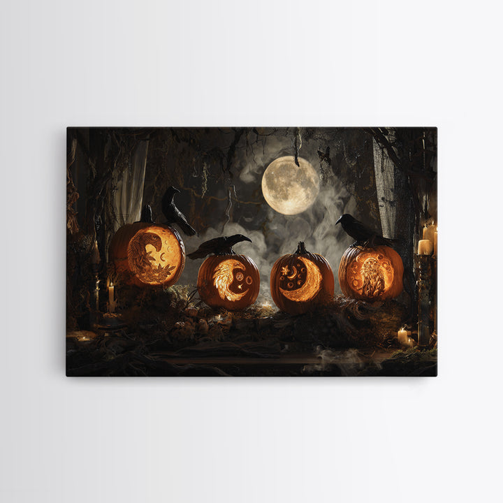 Pumpkins And Moon Phases, Visionary Gothic Art, Landscape Wall Art, Dark Halloween Decor, Framed Canvas Print, Halloween Wall Art