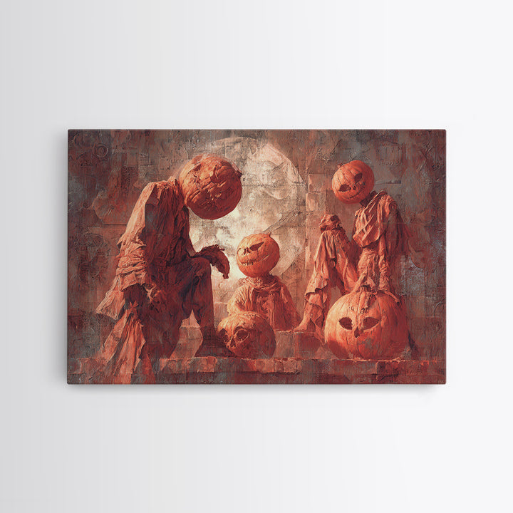 Pumpkins And Moon Phases, Architectural Etching Art, Landscape Wall Art, Gothic Horror Wall Art, Framed Canvas Print