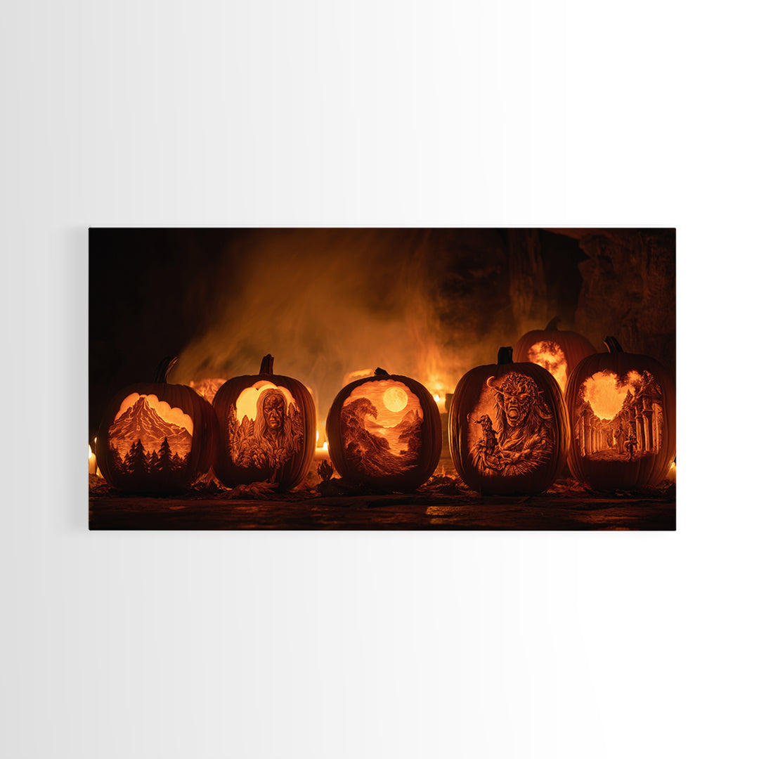 Pumpkins And Moon Phases, Apocalyptic Romantic Art, Wide Panoramic Art, Gothic Horror Wall Art, Framed Canvas Print, Halloween Wall Art