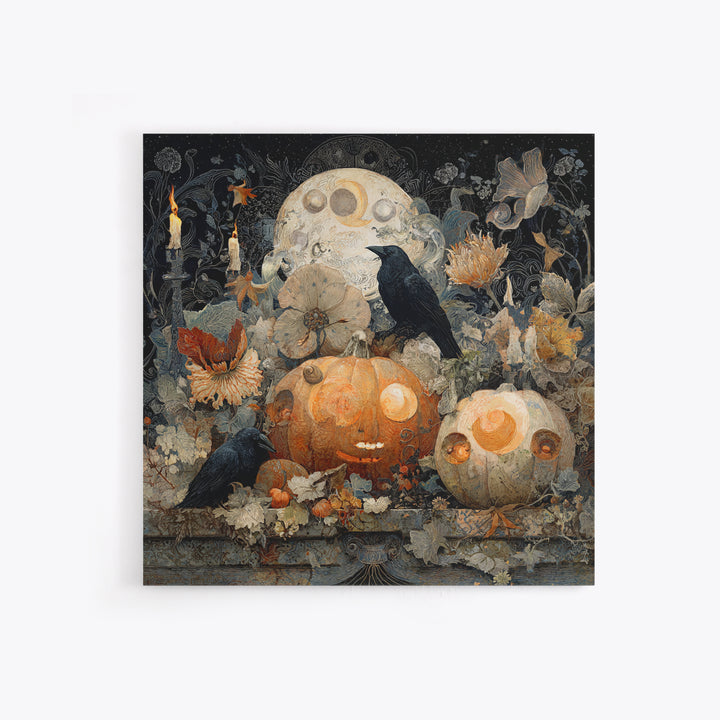 Pumpkins And Moon Phases, Symbolist Dream Art, Square Wall Art, Dark Halloween Decor, Framed Canvas Print, Halloween Wall Art