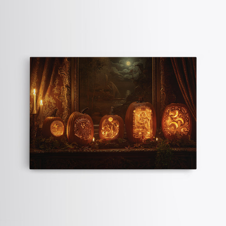 Pumpkins And Moon Phases, Ornate Symbolist Art, Landscape Wall Art, Gothic Horror Wall Art, Canvas Print, Halloween Wall Art