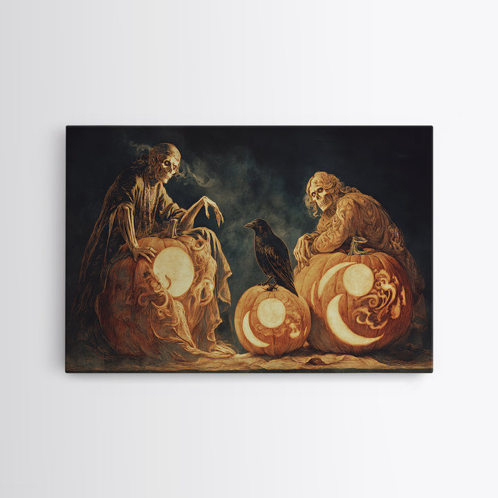 Pumpkins And Moon Phases, Decadent Gothic Art, Landscape Wall Art, Dark Fantasy Wall Art, Canvas Print, Halloween Wall Art