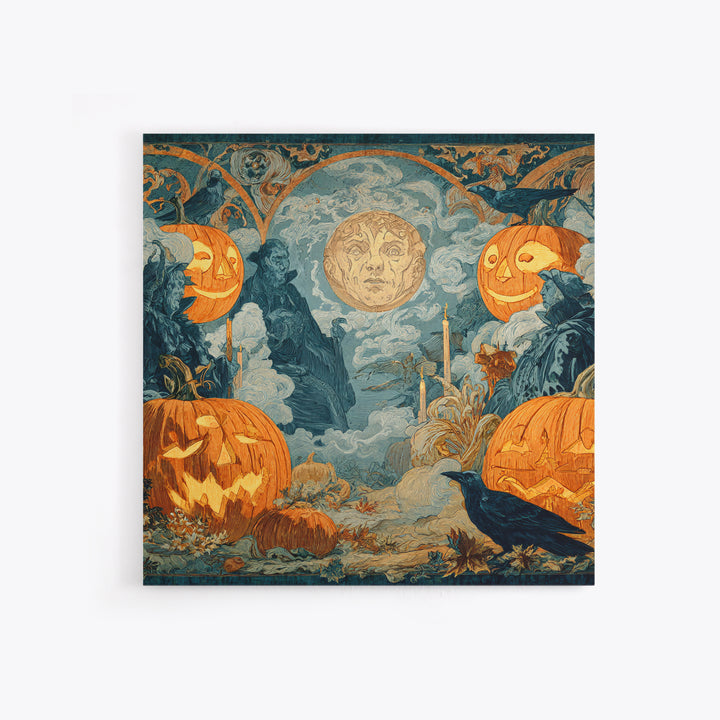Pumpkins And Moon Phases, Symbolist Etching Art, Square Wall Art, Dark Fantasy Wall Art, Canvas Print, Halloween Wall Art