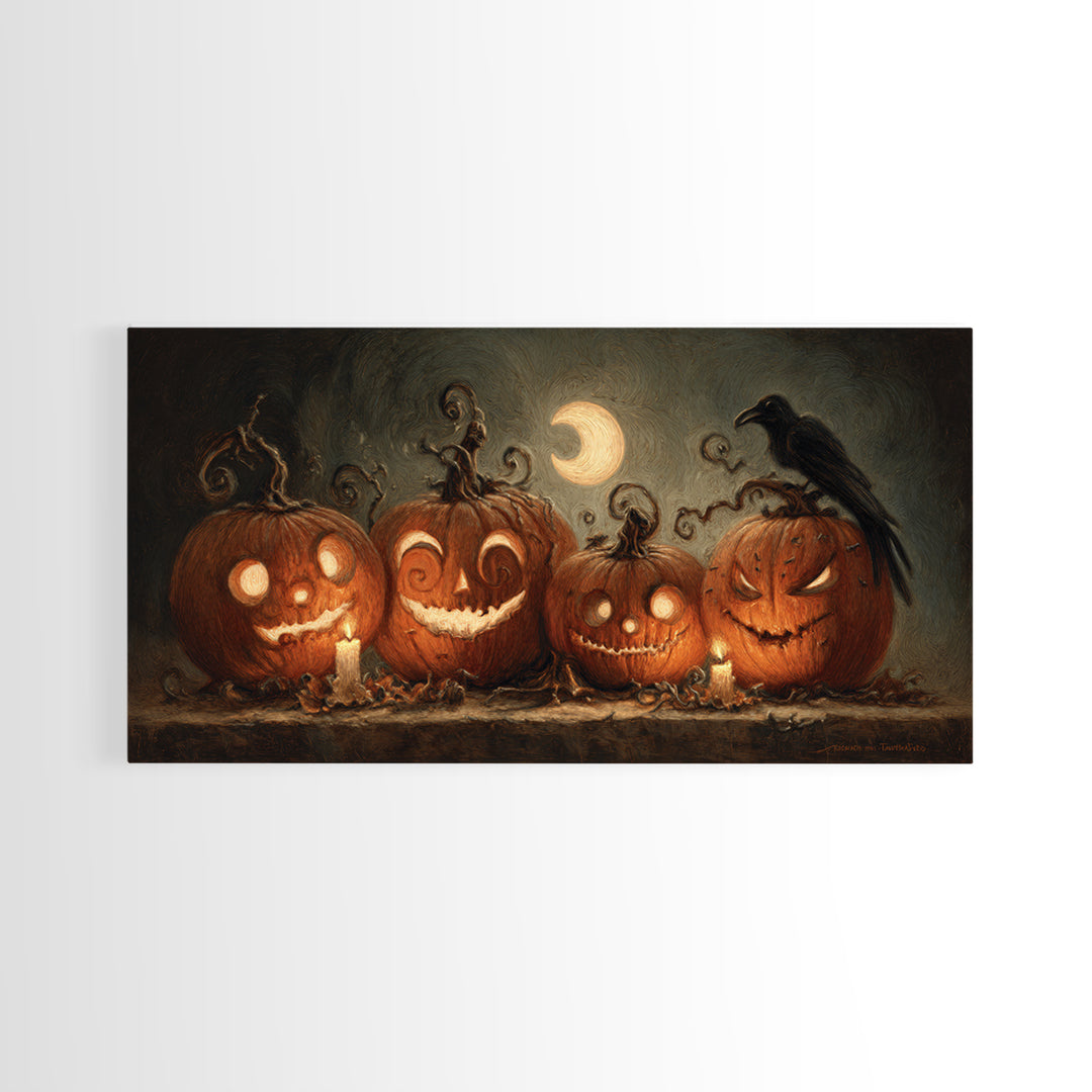 Pumpkins And Moon Phases, Expressionist Nightmare Art, Wide Panoramic Art, Dark Fantasy Wall Art, Framed Canvas Print, Halloween Wall Art