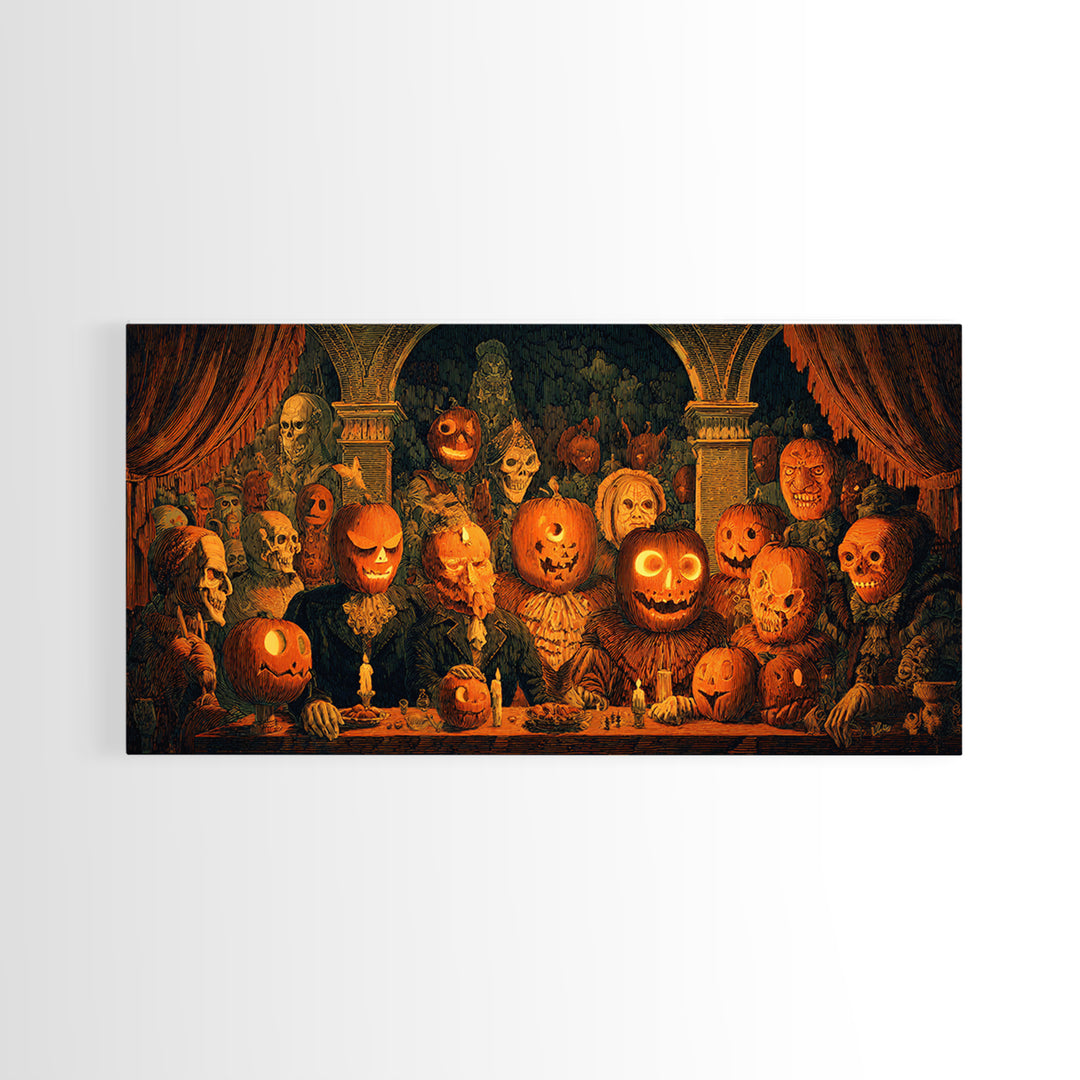 Pumpkins And Moon Phases, Grotesque Carnival Art, Wide Panoramic Art, Dark Fantasy Wall Art, Framed Canvas Print, Halloween Wall Art