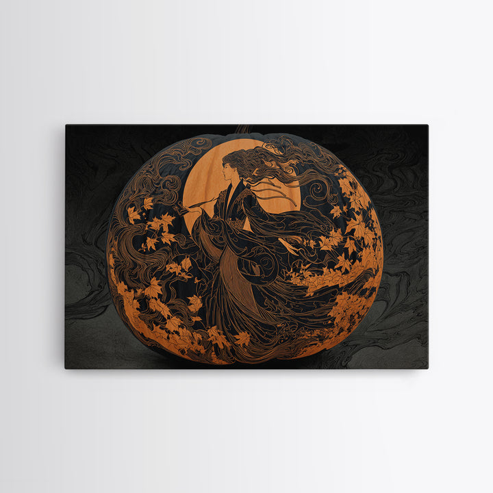 Pumpkins And Moon Phases, Decadent Line Art, Landscape Wall Art, Gothic Horror Wall Art, Canvas Print, Halloween Wall Art