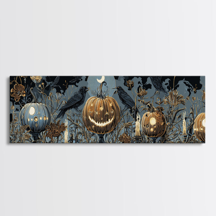 Pumpkins And Moon Phases, Stained Glass Gothic Art, Extra Wide Wall Art, Dark Fantasy Wall Art, Framed Canvas Print, Halloween Wall Art