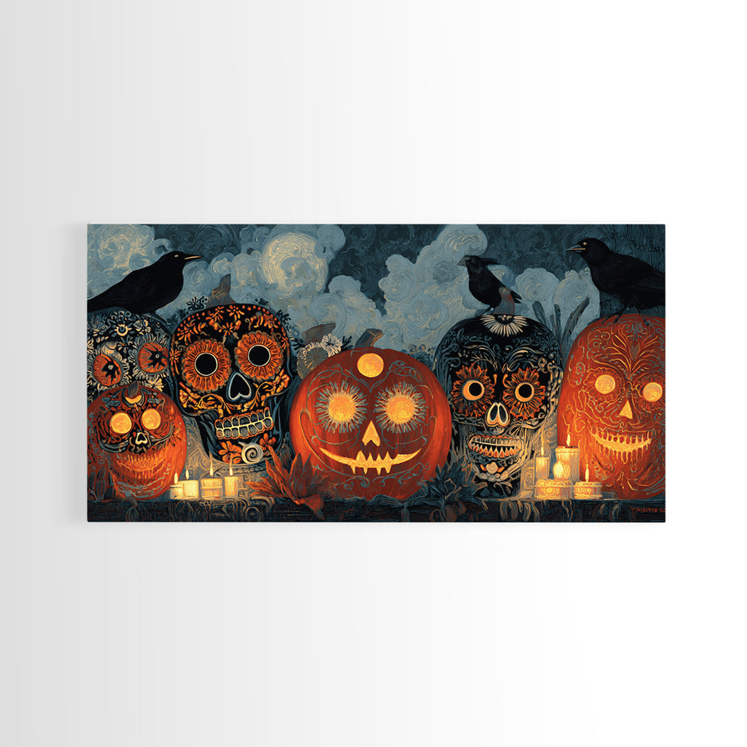 Pumpkins And Moon Phases, Macabre Folk Print Art, Wide Panoramic Art, Dark Fantasy Wall Art, Framed Canvas Print