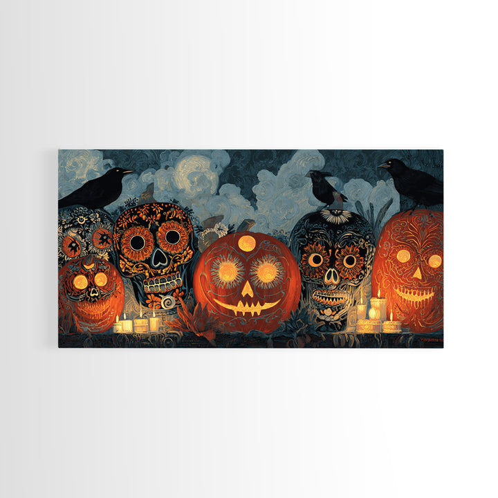 Pumpkins And Moon Phases, Macabre Folk Print Art, Wide Panoramic Art, Dark Fantasy Wall Art, Framed Canvas Print