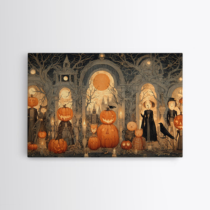 Pumpkins And Moon Phases, Victorian Macabre Art, Landscape Wall Art, Dark Halloween Decor, Framed Canvas Print, Halloween Wall Art