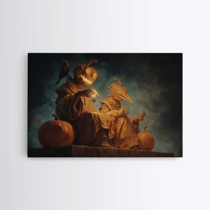 Pumpkins And Moon Phases, Surreal Apocalyptic Art, Landscape Wall Art, Macabre Wall Art, Framed Canvas Print, Halloween Wall Art