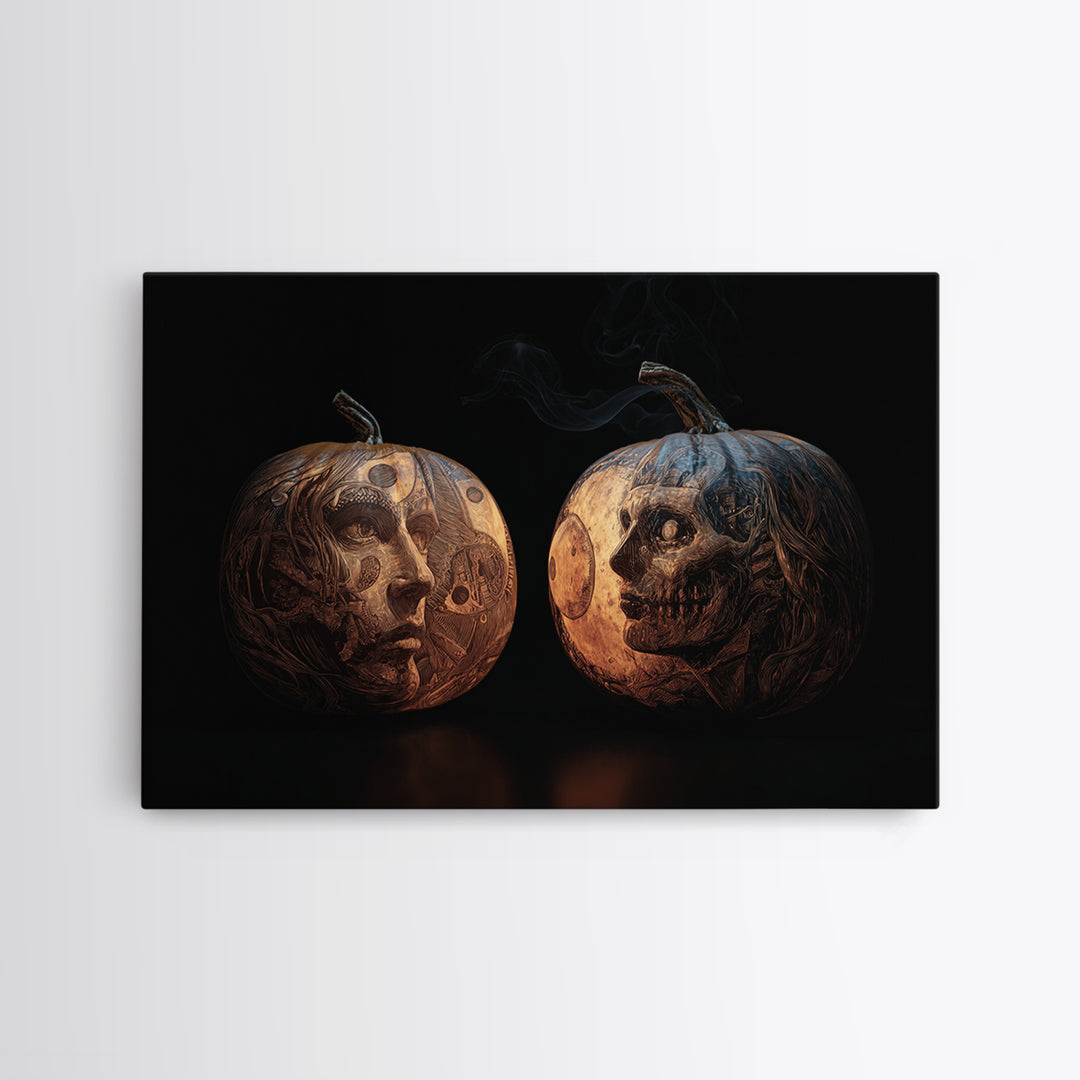 Pumpkins And Moon Phases, Biomechanical Horror Art, Landscape Wall Art, Gothic Horror Wall Art, Framed Canvas Print, Halloween Wall Art