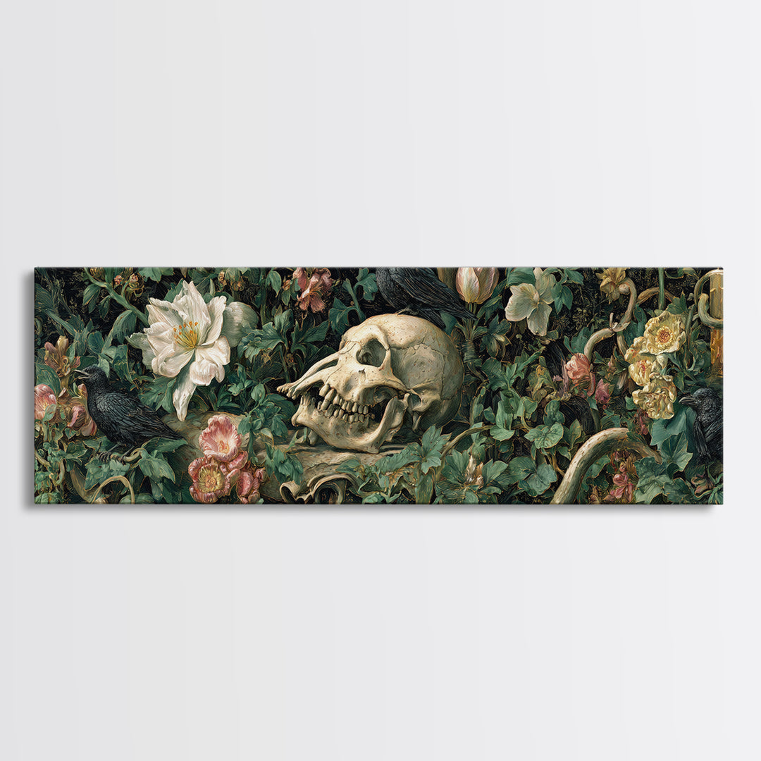 Skeletal Botanicals, Medieval Grotesque Art, Extra Wide Wall Art, Macabre Wall Art, Canvas Print, Halloween Wall Art