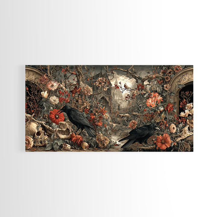 Skeletal Botanicals, Northern Renaissance Horror, Wide Panoramic Art, Dark Fantasy Wall Art, Framed Canvas Print, Macabre Wall Art