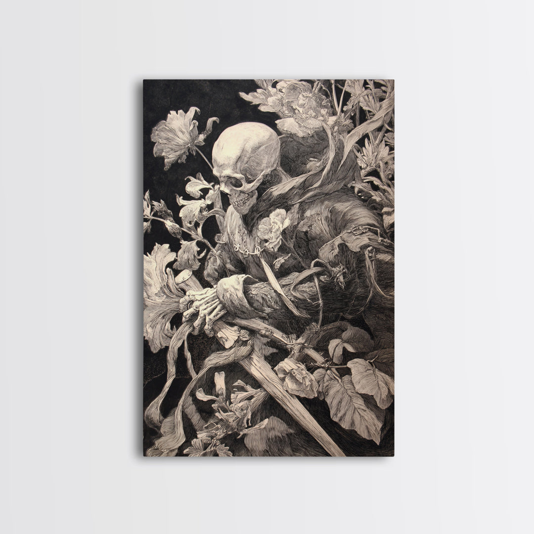 Skeletal Botanicals, Renaissance Engraving Art, Vertical Wall Art, Gothic Horror Wall Art, Canvas Print, Halloween Wall Art
