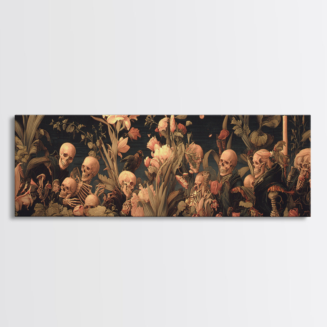 Skeletal Botanicals, Danse Macabre Art, Extra Wide Wall Art, Dark Halloween Decor, Framed Canvas Print