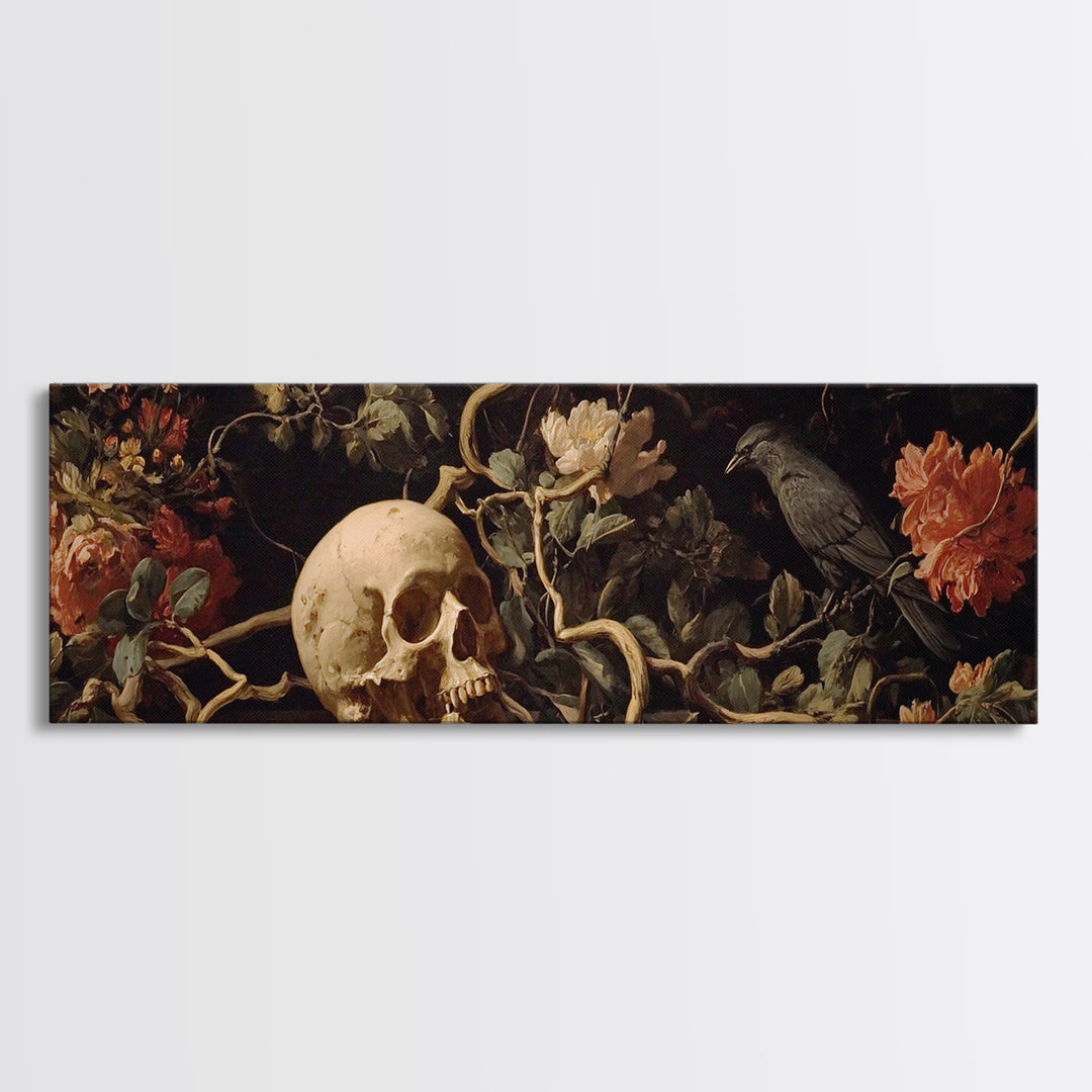 Skeletal Botanicals, Dark Romantic Horror Art, Extra Wide Wall Art, Macabre Wall Art, Framed Canvas Print, Halloween Wall Art