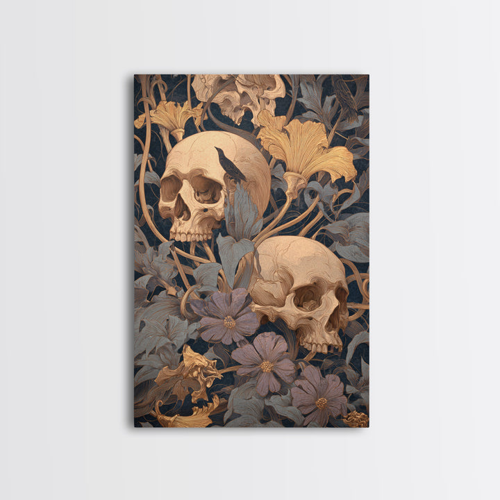Skeletal Botanicals, Symbolist Death Art, Vertical Wall Art, Dark Fantasy Wall Art, Framed Canvas Print, Halloween Wall Art