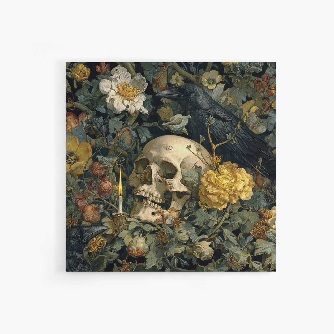 Skeletal Botanicals, Symbolist Etching Art, Square Wall Art, Macabre Wall Art, Framed Canvas Print, Halloween Wall Art, Halloween Decor