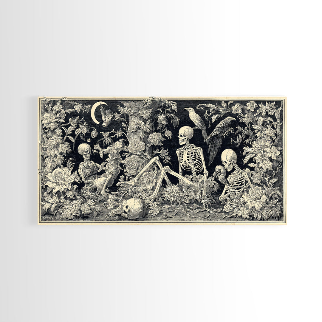 Skeletal Botanicals, Macabre Folk Print Art, Wide Panoramic Art, Gothic Horror Wall Art, Framed Canvas Print, Halloween Wall Art