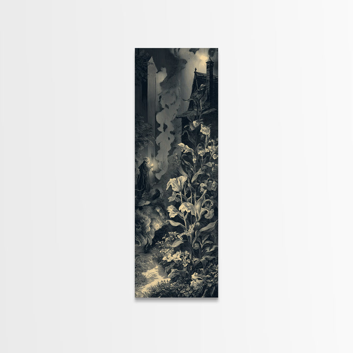 The Poison Garden, Gothic Engraving Art, Tall Narrow Wall Art, Dark Halloween Decor, Canvas Print, Halloween Wall Art
