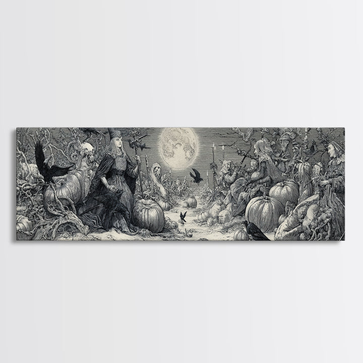 Frozen Halloween, Renaissance Engraving Art, Extra Wide Wall Art, Gothic Horror Wall Art, Canvas Print, Halloween Wall Art