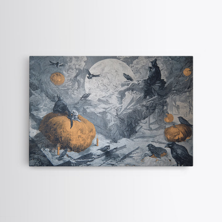 Frozen Halloween, Architectural Etching Art, Landscape Wall Art, Dark Halloween Decor, Framed Canvas Print, Halloween Wall Art