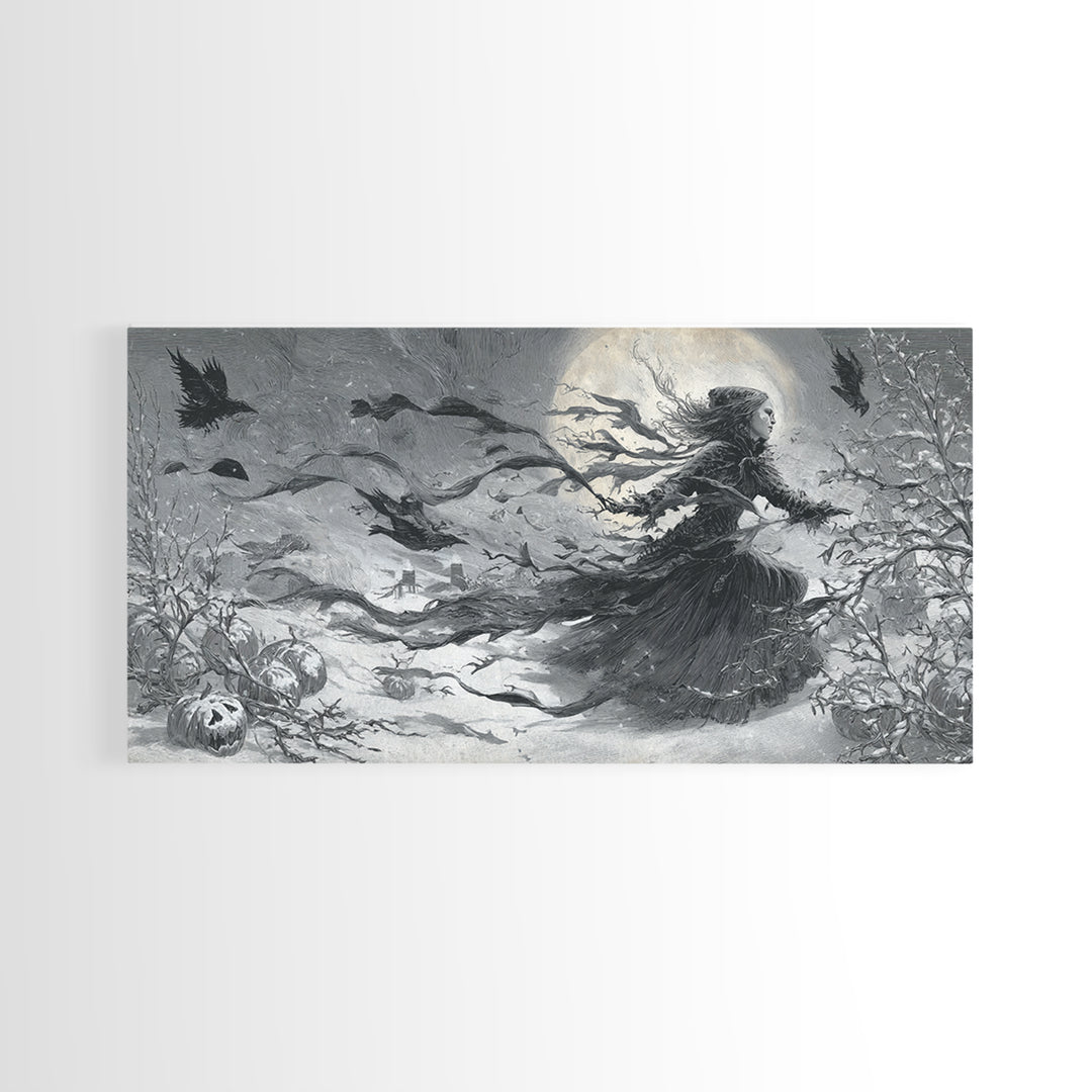 Frozen Halloween, Expressionist Nightmare Art, Wide Panoramic Art, Macabre Wall Art, Framed Canvas Print, Halloween Wall Art
