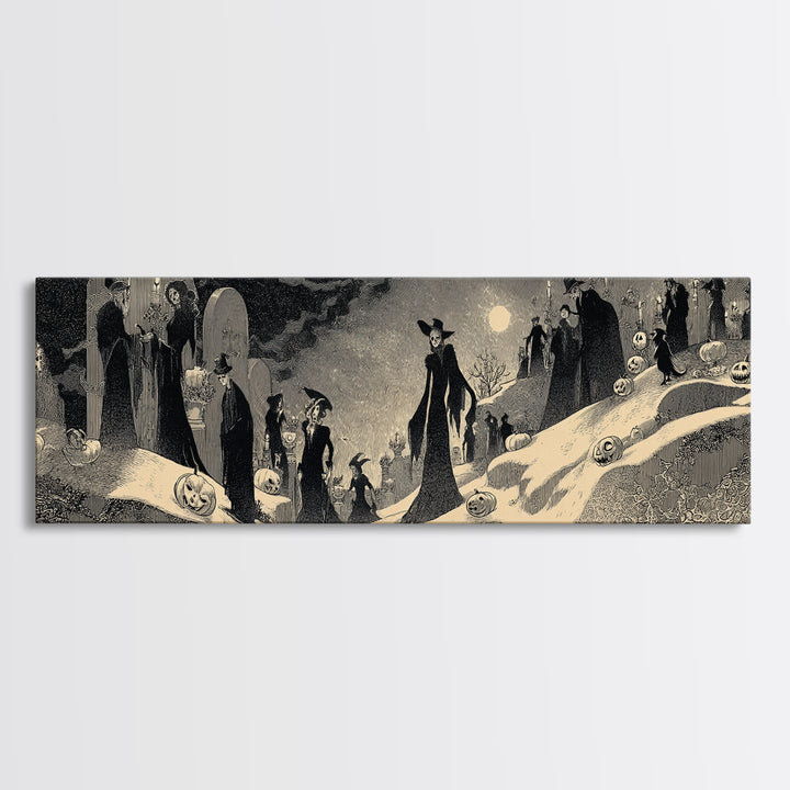 Frozen Halloween, Decadent Line Art, Extra Wide Wall Art, Gothic Horror Wall Art, Framed Canvas Print, Halloween Wall Art