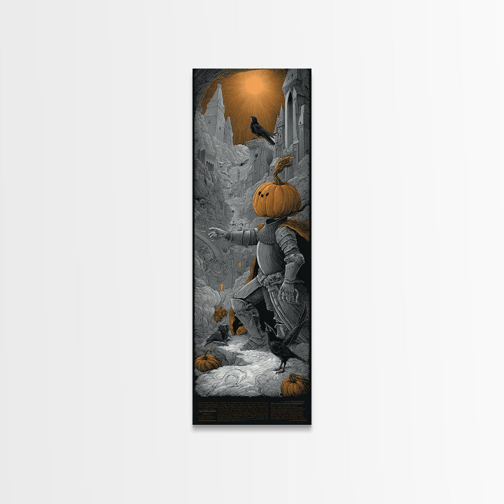 The Pumpkin Paladin, Gothic Engraving Art, Tall Narrow Wall Art, Dark Halloween Decor, Canvas Print, Halloween Wall Art