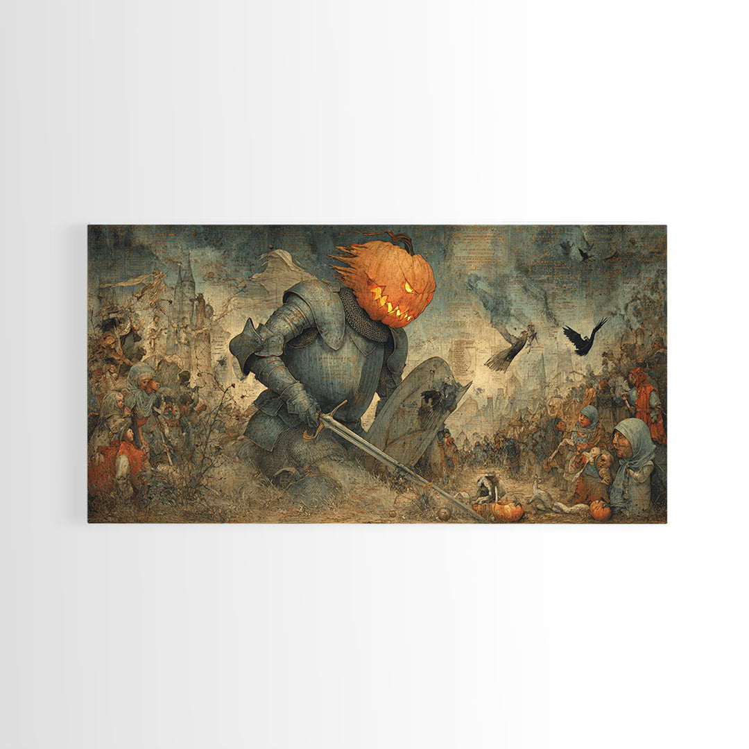 The Pumpkin Paladin, Northern Renaissance Horror, Wide Panoramic Art, Macabre Wall Art, Framed Canvas Print, Halloween Wall Art