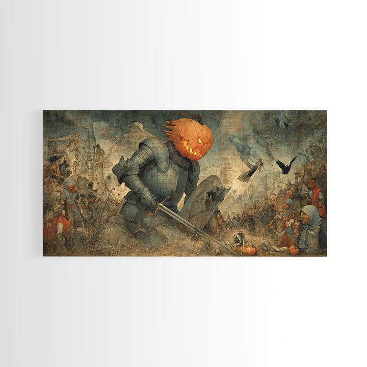 The Pumpkin Paladin, Northern Renaissance Horror, Wide Panoramic Art, Macabre Wall Art, Framed Canvas Print, Halloween Wall Art