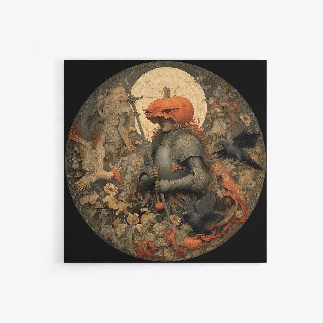 The Pumpkin Paladin, Dark Renaissance Art, Square Wall Art, Gothic Horror Wall Art, Canvas Print, Halloween Wall Art