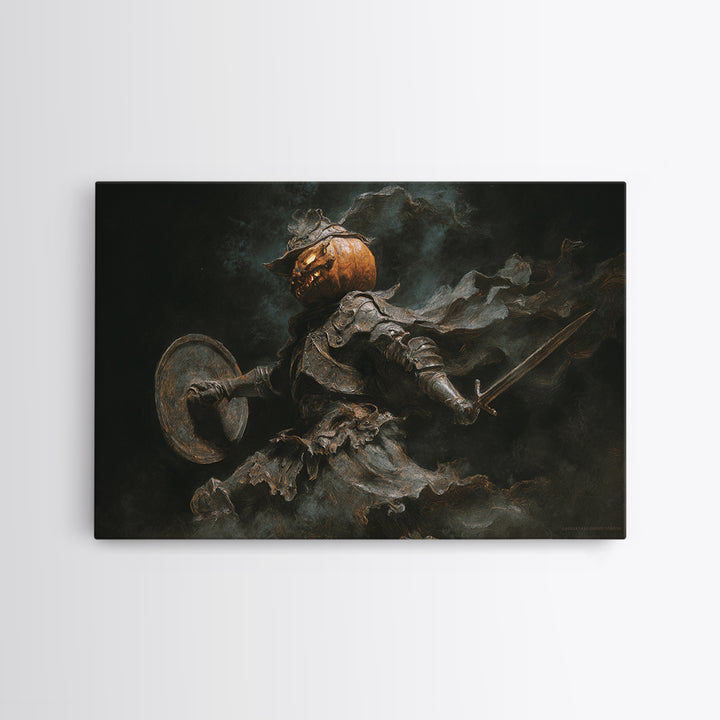 The Pumpkin Paladin, Dark Romantic Horror Art, Landscape Wall Art, Dark Fantasy Wall Art, Framed Canvas Print, Halloween Wall Art
