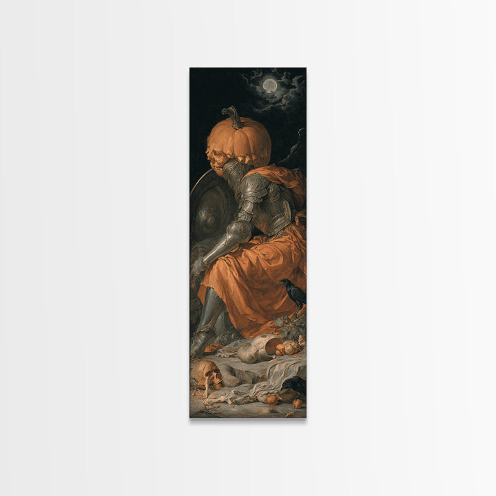 The Pumpkin Paladin, Gothic Nightmare Art, Tall Narrow Wall Art, Macabre Wall Art, Framed Canvas Print, Halloween Wall Art