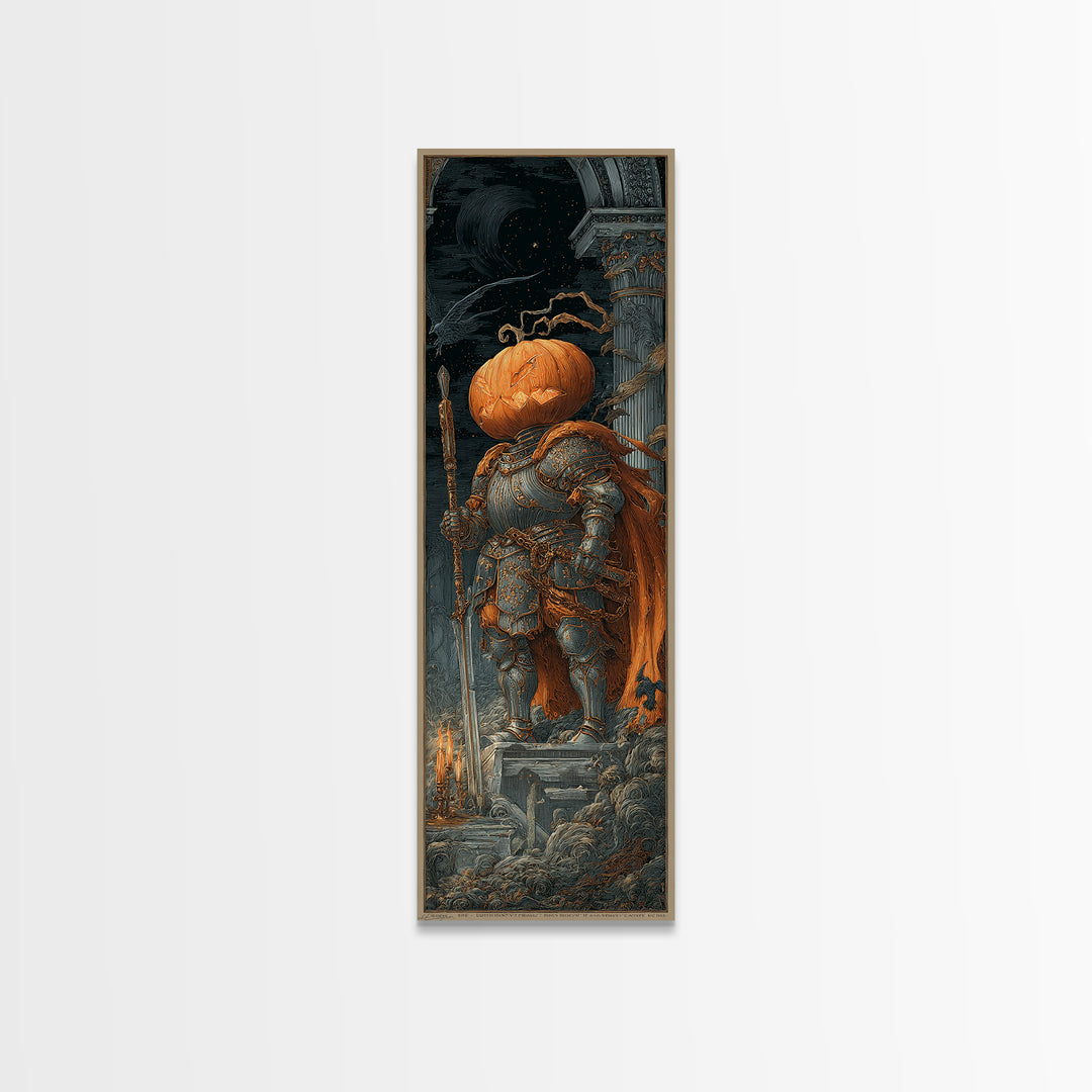 The Pumpkin Paladin, Architectural Etching Art, Tall Narrow Wall Art, Macabre Wall Art, Framed Canvas Print, Halloween Decor