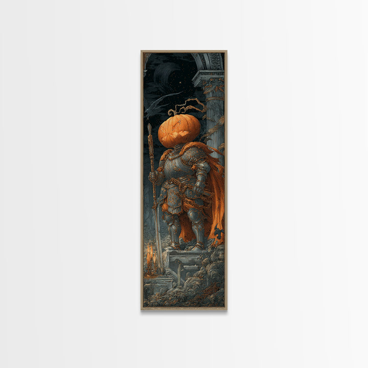 The Pumpkin Paladin, Architectural Etching Art, Tall Narrow Wall Art, Macabre Wall Art, Framed Canvas Print, Halloween Decor