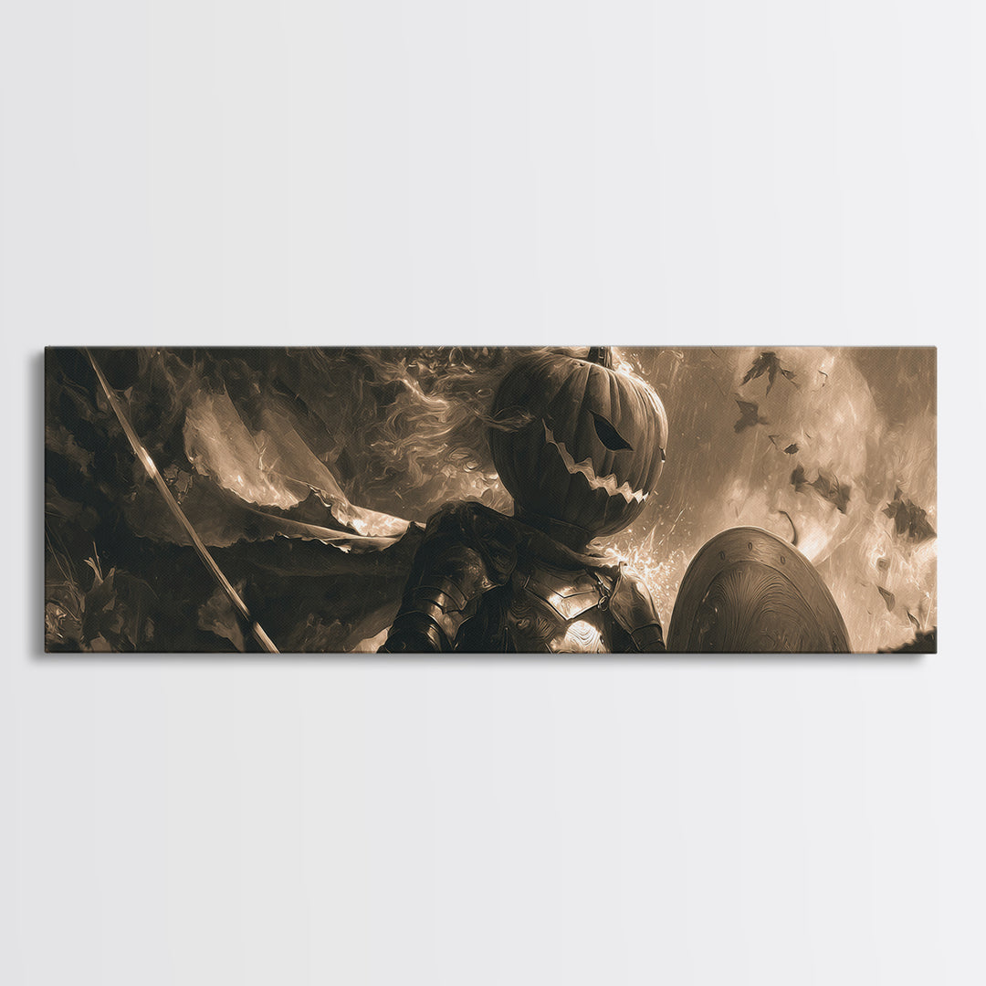 The Pumpkin Paladin, Symbolist Dream Art, Extra Wide Wall Art, Macabre Wall Art, Framed Canvas Print, Halloween Wall Art