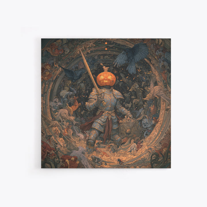 The Pumpkin Paladin, Ornate Symbolist Art, Square Wall Art, Dark Fantasy Wall Art, Canvas Print, Halloween Wall Art, Horror Wall Art