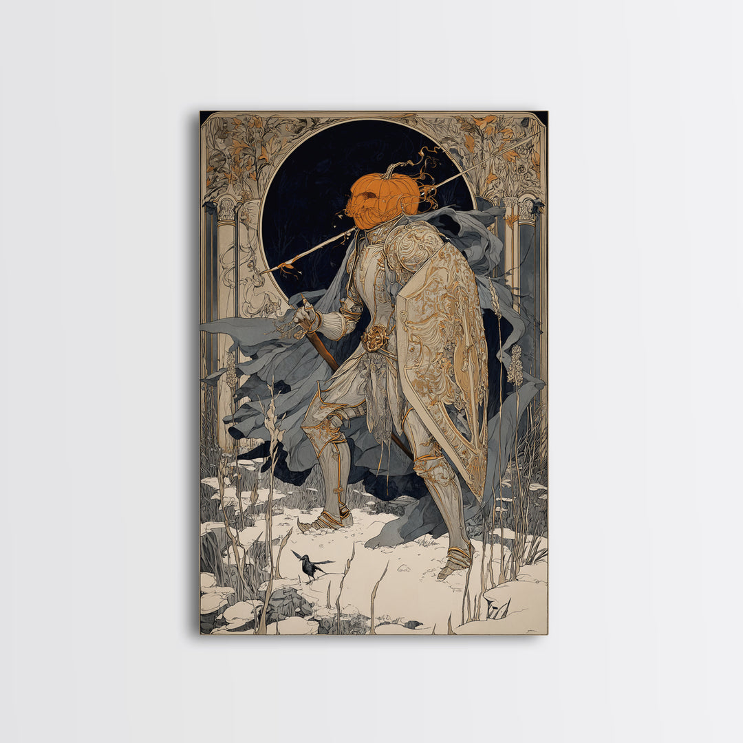 The Pumpkin Paladin, Symbolist Death Art, Vertical Wall Art, Gothic Horror Wall Art, Canvas Print, Halloween Wall Art