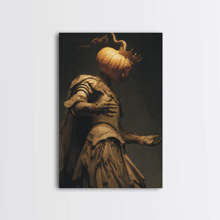 The Pumpkin Paladin, Dark Symbolist Art, Vertical Wall Art, Dark Fantasy Wall Art, Framed Canvas Print, Halloween Wall Art