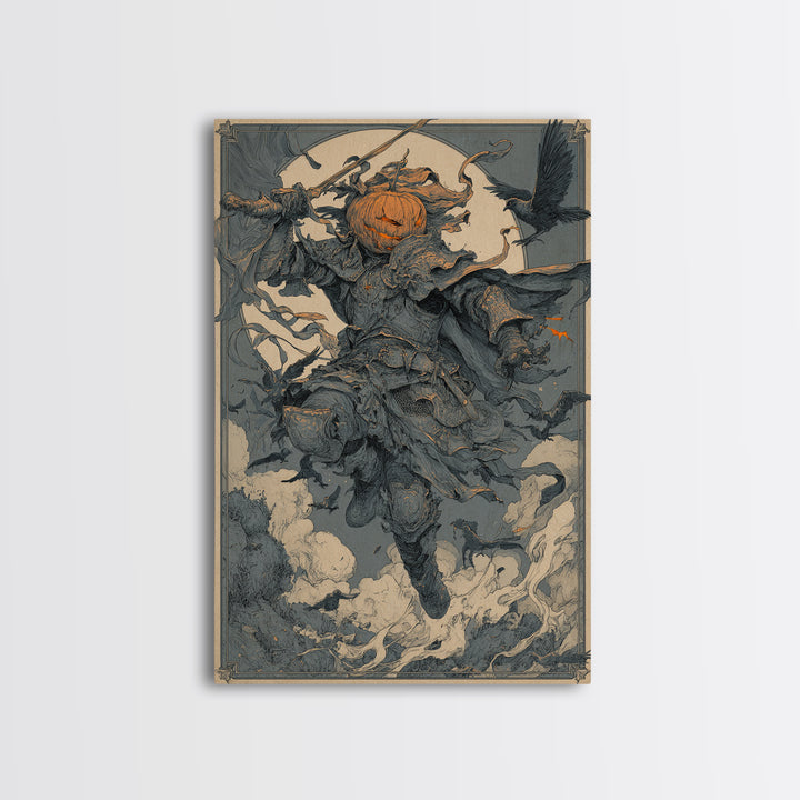 The Pumpkin Paladin, Symbolist Etching Art, Vertical Wall Art, Macabre Wall Art, Canvas Print, Halloween Wall Art, Seasonal Home Decor